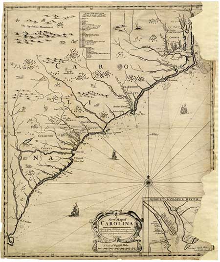 This is an image of &quot;A New Map of Carolina&quot;, made by English mapmakers George Wildey, John Thornston, Robert Morden, and Philip Lea in 1685. Compare it to the Theodor De Bry's map of 1590. From the collection of the State Archives of N.C. Click on the image to explore and zoom in on a larger version.