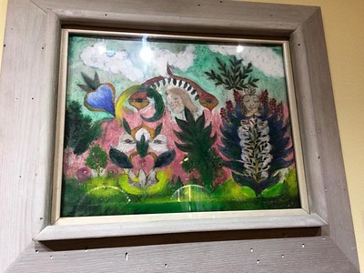 Photograph of Minnie Evans's artwork titled, &quot;Visions&quot; that is on display at the Hickory Museum of Art.