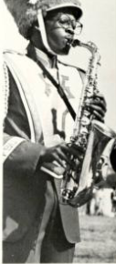 Photograph of a saxophone player in the Fayetteville State University Marching band, ca. 1980. From the yearbook the &quot;Fayettevillian,&quot; 1980. Used courtesy of Fayetteville University and the N.C. Digital Heritage Center.