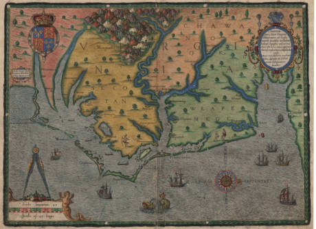 &quot;Map of Virginia,&quot; an early European map of the region that became North Carolina, created by Theodor De Bry, a German mapmaker, in 1590. This map is in the North Carolina Collection at UNC-Chapel Hill. 