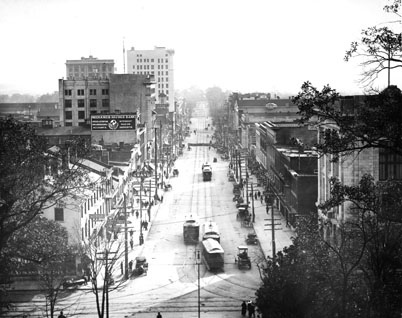 &quot;Elevated view of Fayetteville St.reet, raleigh, NC, looking south showing the main business district, 1913.&quot; From Carolina Power and Light (CP&L) Photograph Collection (Ph.C.68), North Carolina State Archives; call #: PhC68_1_90.