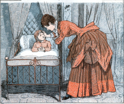 A Mother and presides over her child, who is seated in a bed. She is caressing their head and she is also wearing a dress. 